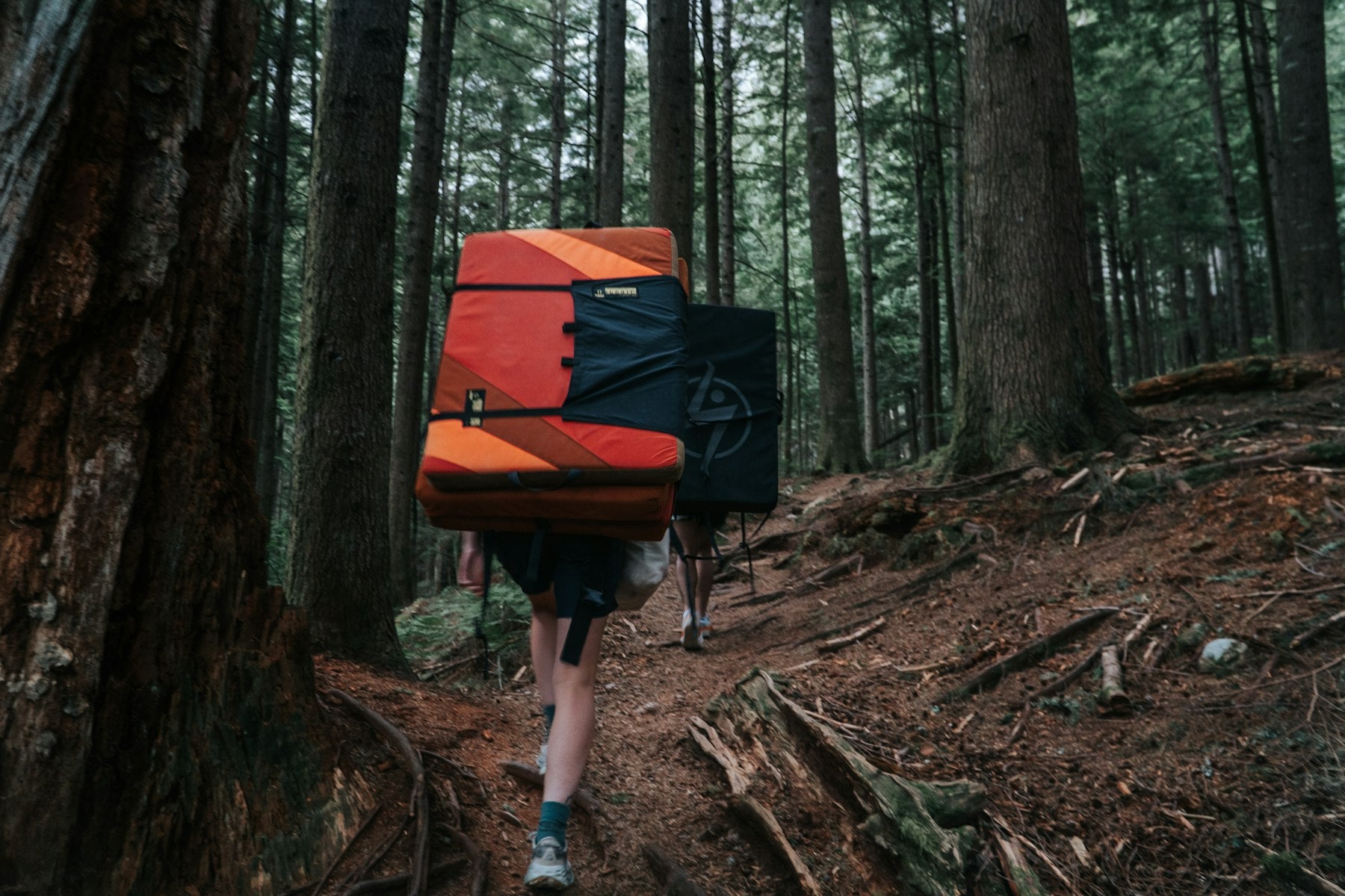 Climber hiking through the woods carrying a crash pad